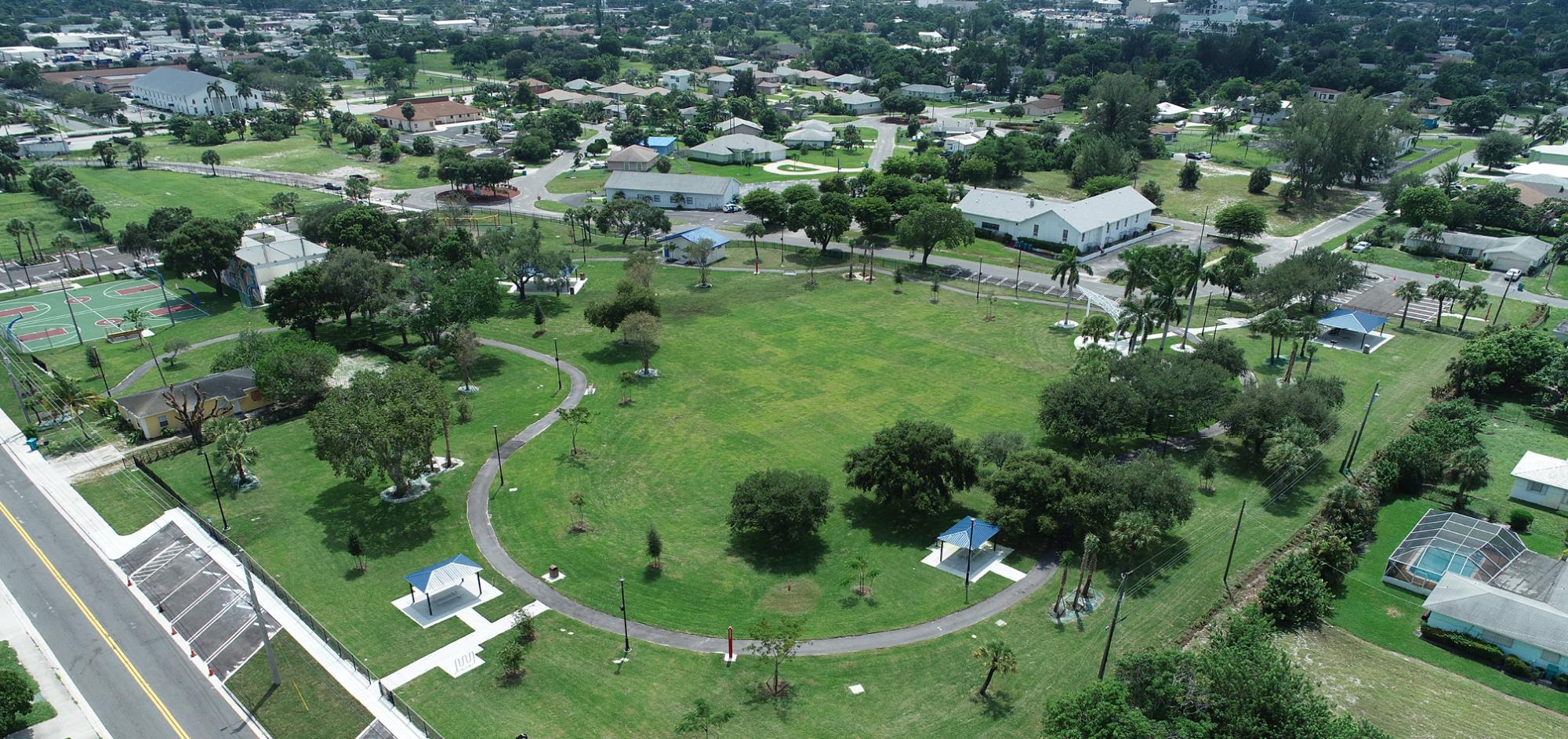 Aerial view from West of walking paths and open field