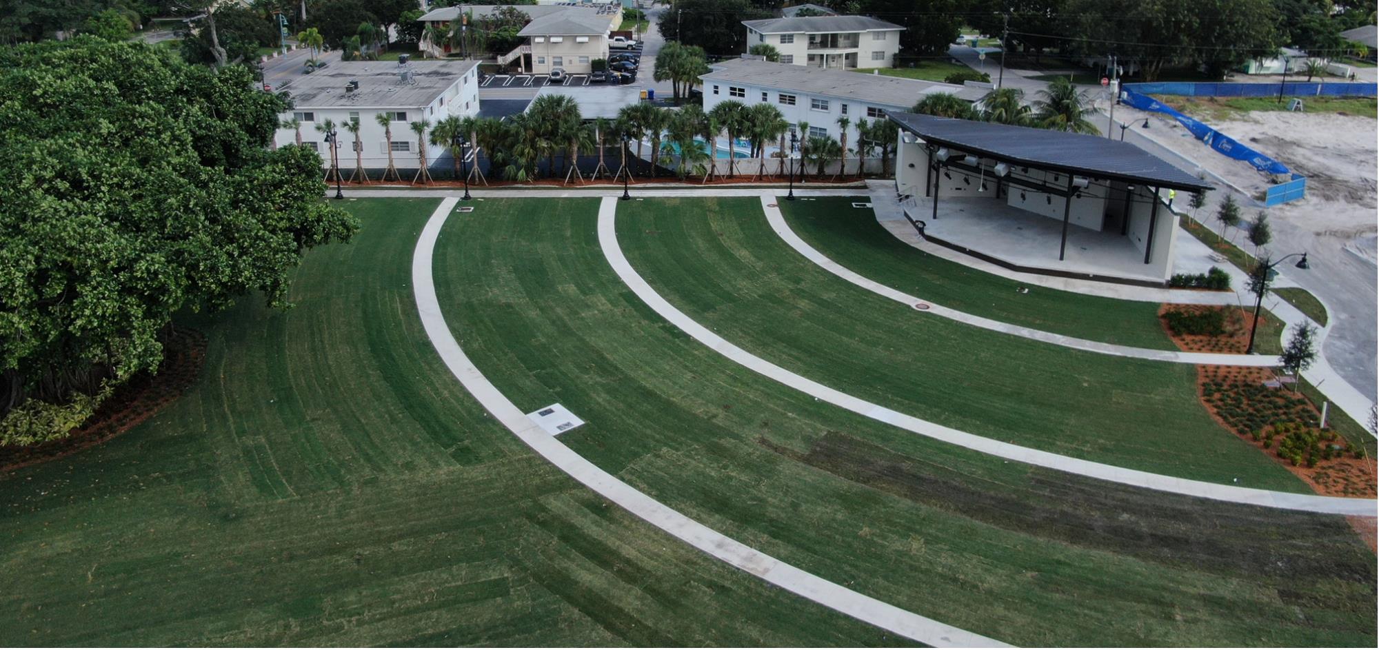 Aerial view of Amphitheater Stage and grass lawn