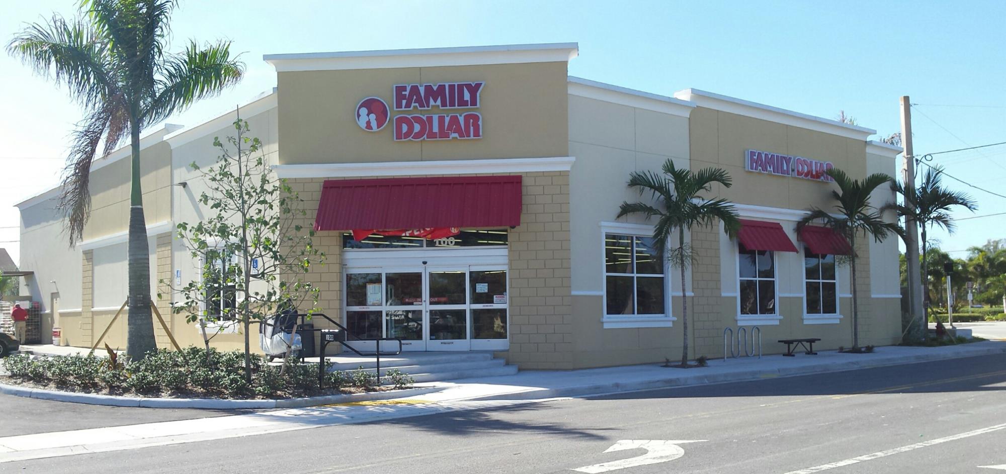 Completed Family Dollar Commercial Building View from North Side - Beige Building with Red Awnings