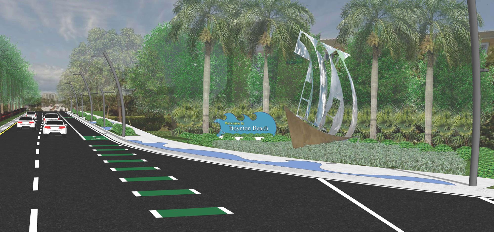 Conceptual drawing for the entry signage to Boynton Beach with landscaping, wide sidewalks and a sailboat by the sign